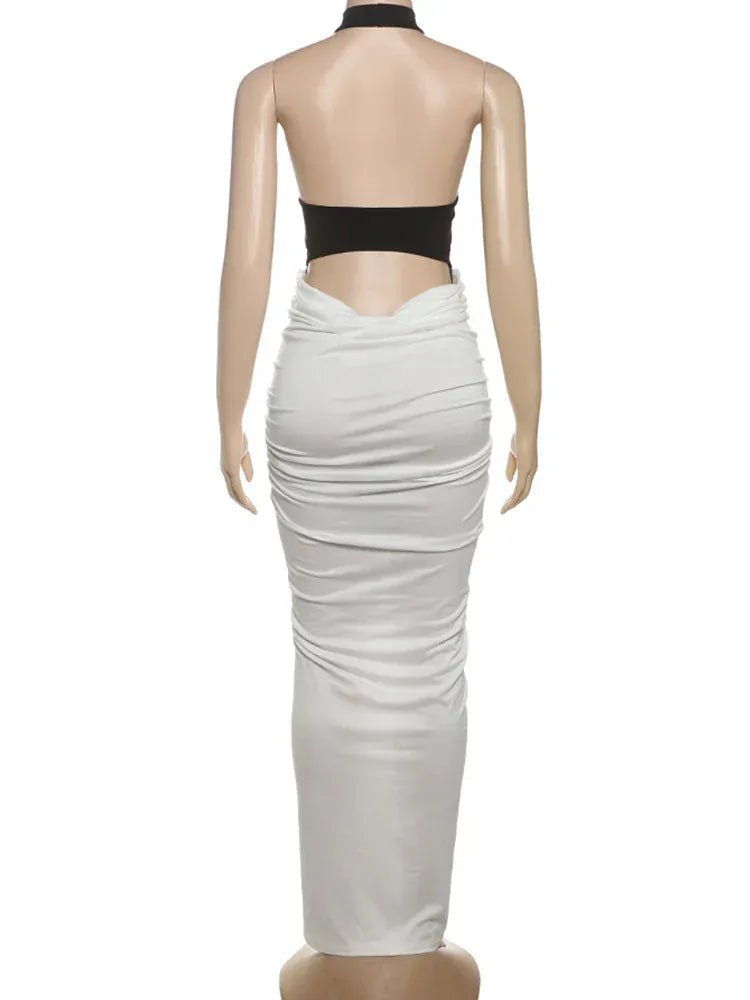 Weird Puss Ruched Maxi Dress Women Sexy Color Blocking Halter Backless Thin Slit Summer Trend Birthday Party Clubwear Vestidos - SN Wigs & More