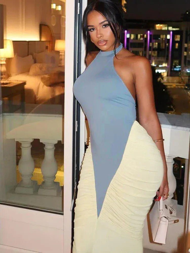 Weird Puss Ruched Maxi Dress Women Sexy Color Blocking Halter Backless Thin Slit Summer Trend Birthday Party Clubwear Vestidos - SN Wigs & More