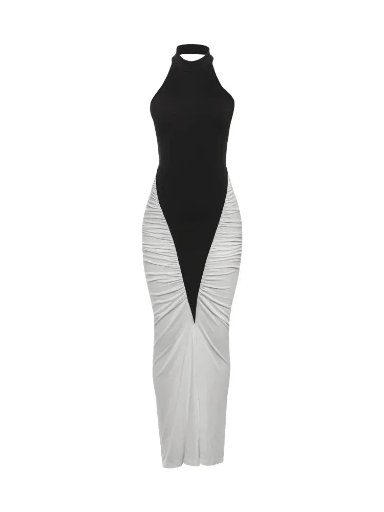 Weird Puss Ruched Maxi Dress Women Sexy Color Blocking Halter Backless Thin Slit Summer Trend Birthday Party Clubwear Vestidos - SN Wigs & More