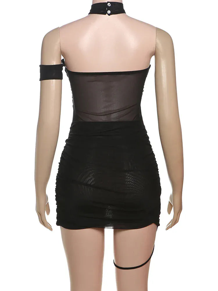 Weird Puss See Through Sexy Dress Women Y2K Cross Bandage Backless Halter Sleeveless Summer Trend Midnight Clubwear Mini Bodycon