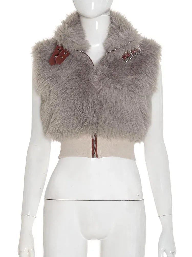 Weird Puss Sexy Furry Tank Tops Women Autumn Trend Patchwork Zip Metal Leather Buckle Slim Hottie Wild Street Clubwear Waistcoat