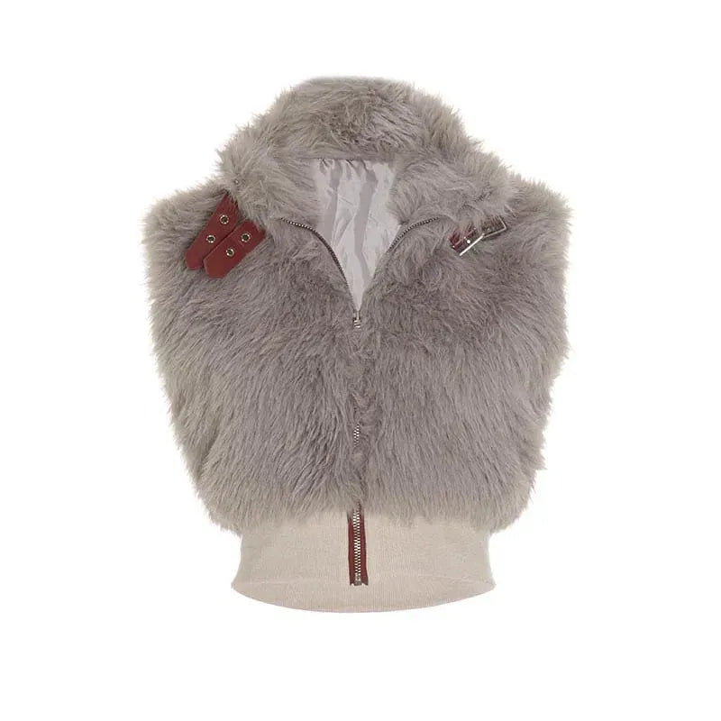 Weird Puss Sexy Furry Tank Tops Women Autumn Trend Patchwork Zip Metal Leather Buckle Slim Hottie Wild Street Clubwear Waistcoat