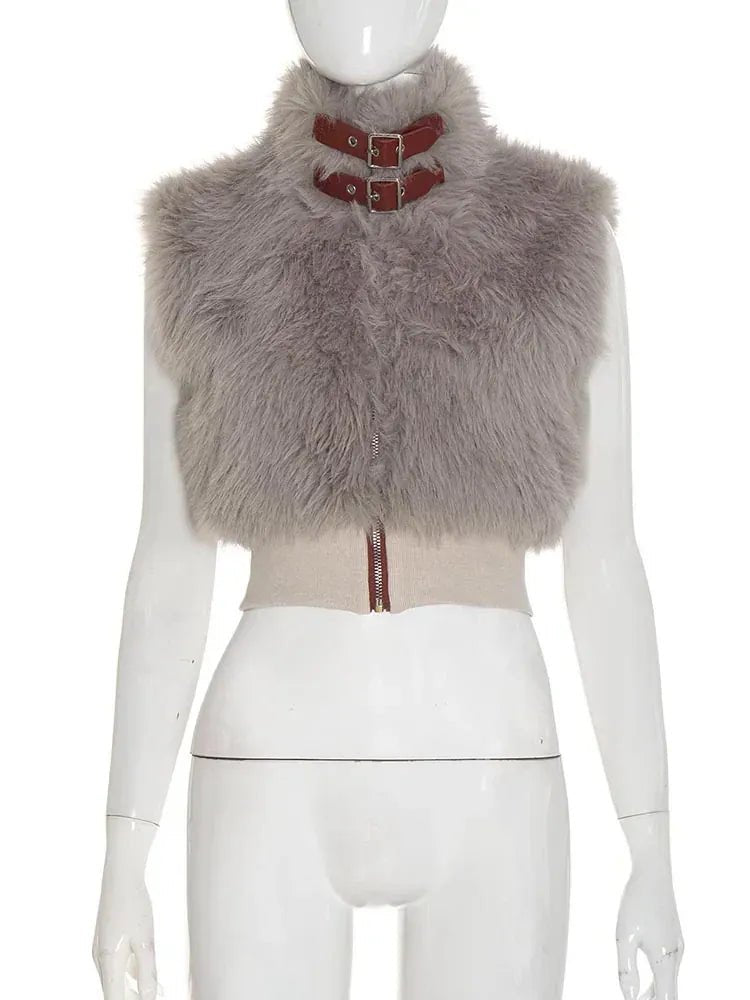 Weird Puss Sexy Furry Tank Tops Women Autumn Trend Patchwork Zip Metal Leather Buckle Slim Hottie Wild Street Clubwear Waistcoat - SN Wigs & More
