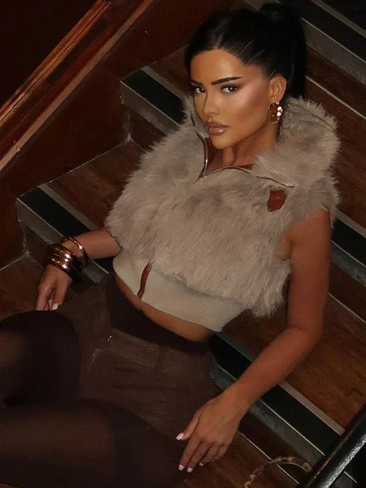 Weird Puss Sexy Furry Tank Tops Women Autumn Trend Patchwork Zip Metal Leather Buckle Slim Hottie Wild Street Clubwear Waistcoat - SN Wigs & More