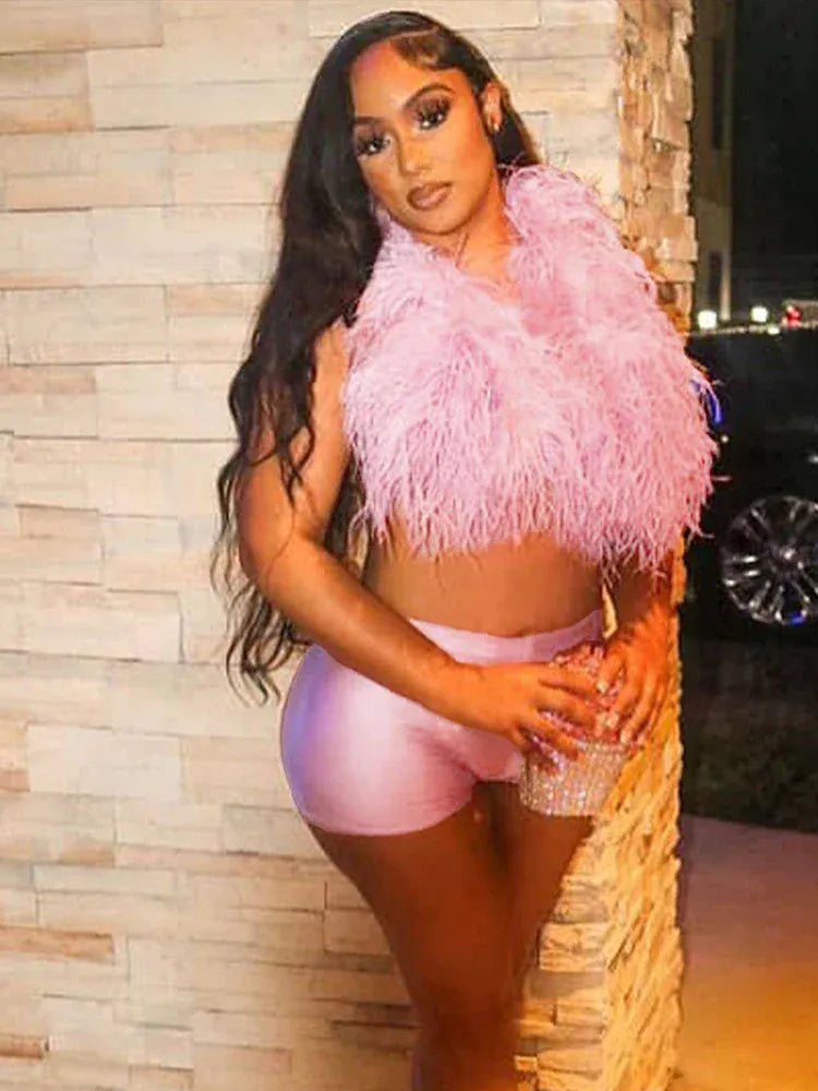 Weird Puss Sexy Hipster Fur 2Piece Set Women Luxury Tank Tops+Tight Stretch Shorts Y2K Summer Midnight Clubwear Party Outfits - SN Wigs & More