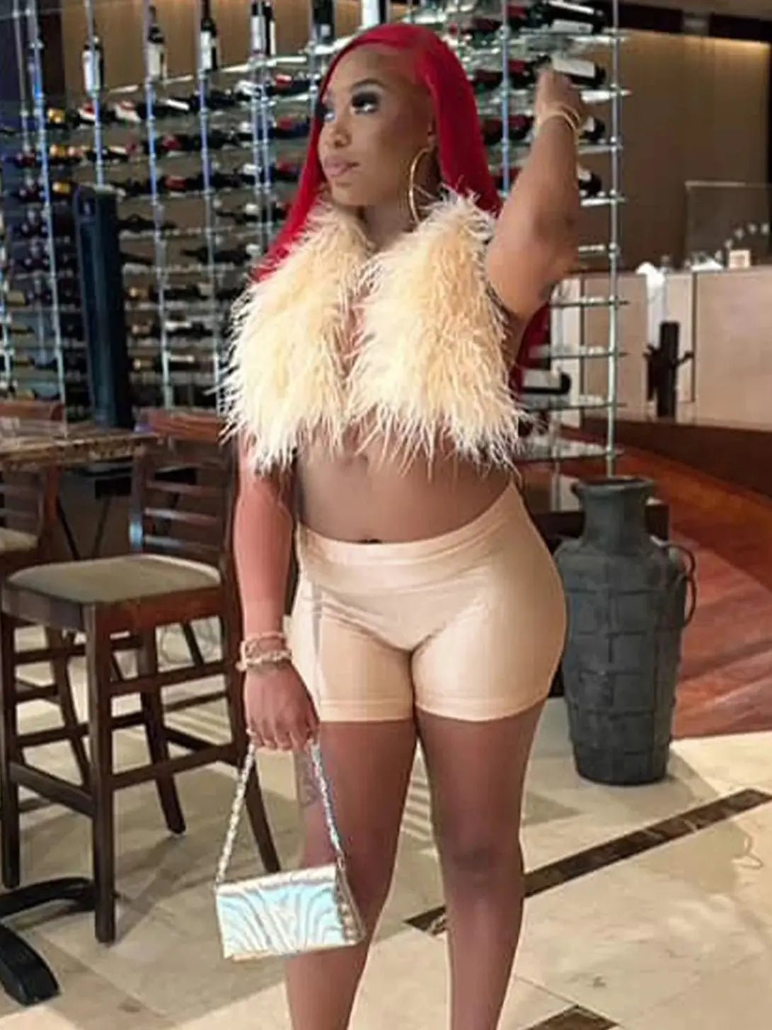 Weird Puss Sexy Hipster Fur 2Piece Set Women Luxury Tank Tops+Tight Stretch Shorts Y2K Summer Midnight Clubwear Party Outfits - SN Wigs & More