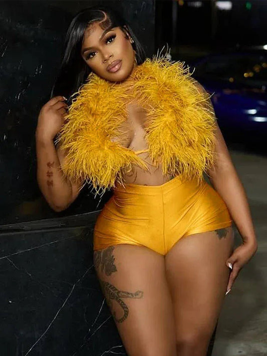 Weird Puss Sexy Hipster Fur 2Piece Set Women Luxury Tank Tops+Tight Stretch Shorts Y2K Summer Midnight Clubwear Party Outfits - SN Wigs & More