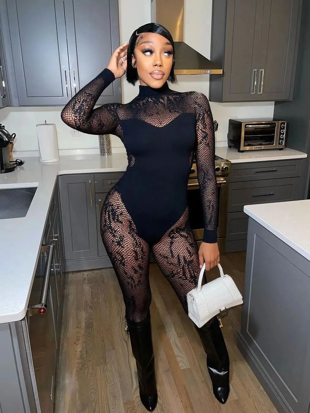 Weird Puss Sexy Hipster Jumpsuit Women Jacquard Coquette Patchwork Skinny Stretch Midnight Club Activity Button Workout Overalls - SN Wigs & More