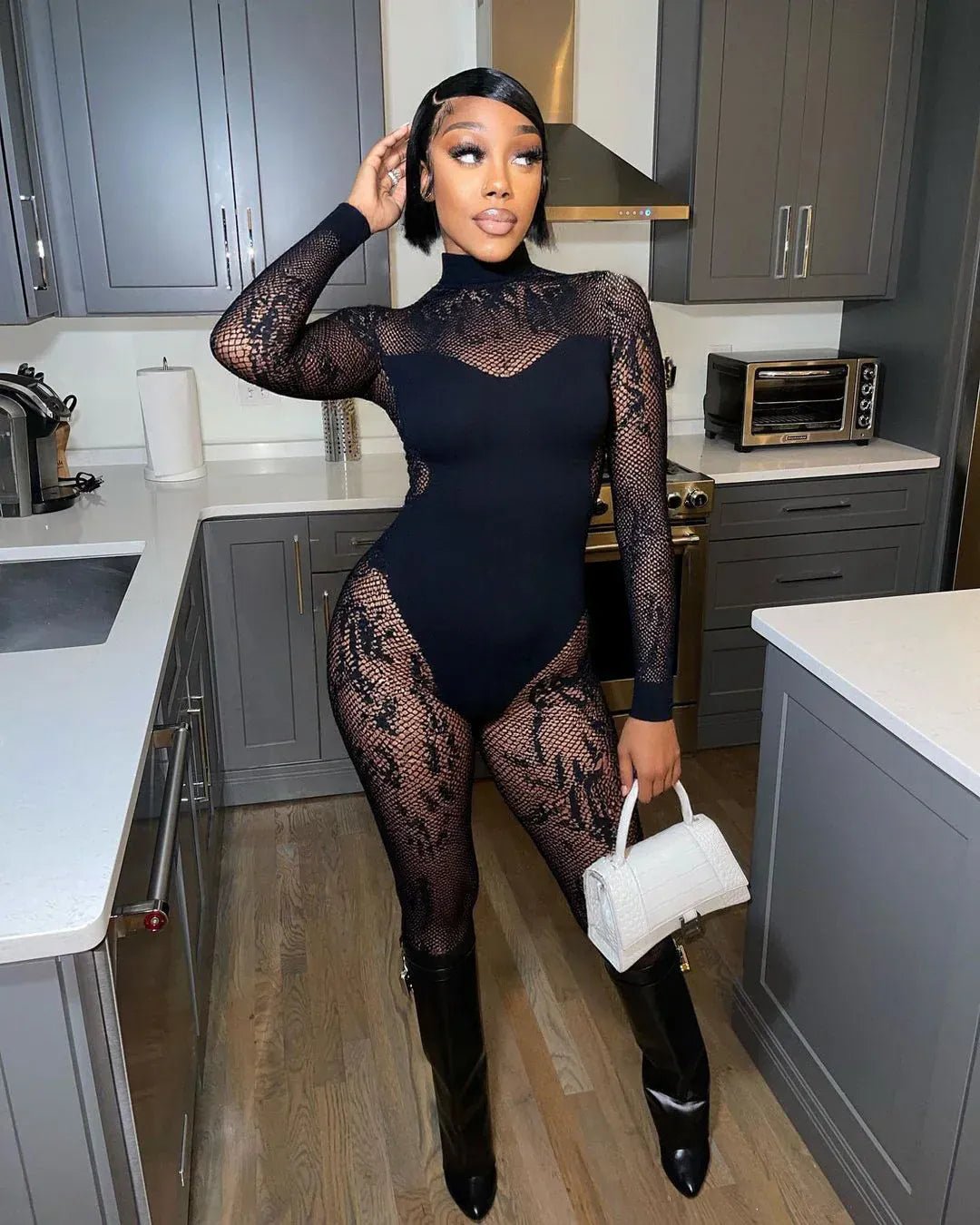 Weird Puss Sexy Hipster Jumpsuit Women Jacquard Coquette Patchwork Skinny Stretch Midnight Club Activity Button Workout Overalls - SN Wigs & More