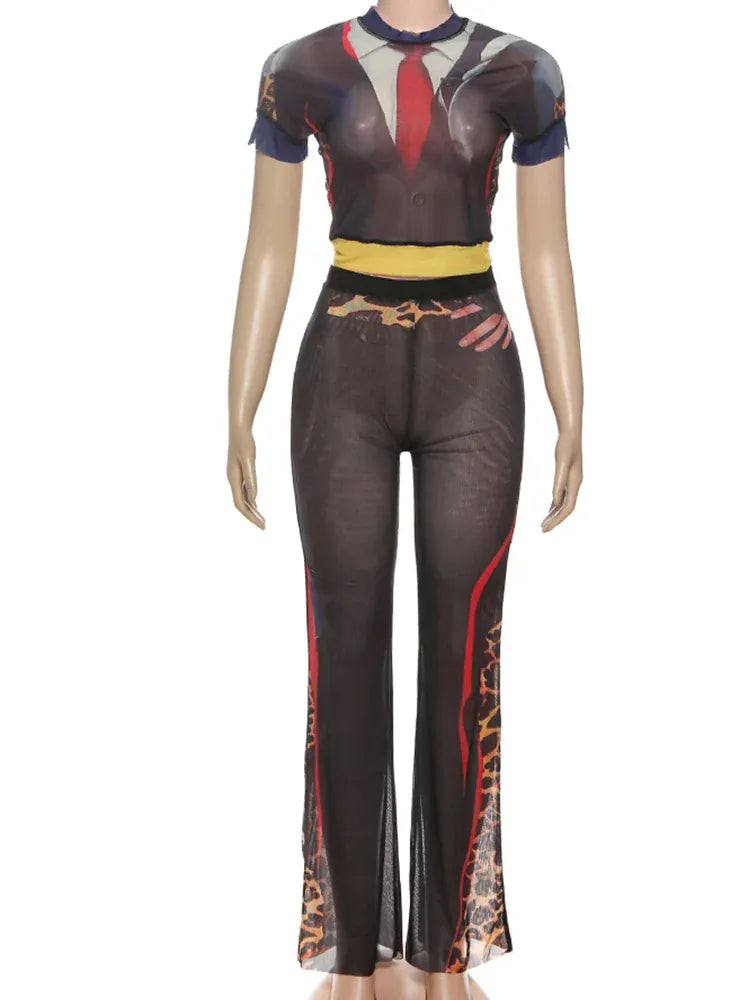 Weird Puss Sexy Women 2 Piece Set See Through Leopard Print Shorts Sleeve Crop Tops+Flare Pants Matching Clubwear Skinny Outfits