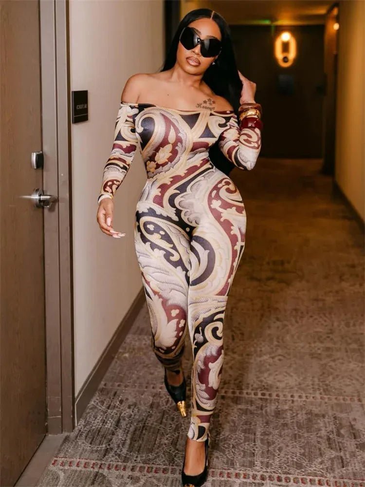 Weird Puss Slash Neck Jumpsuit Women Hipster Colorful Print Full Sleeve Stretch Skinny Fitness Activity Workout Slim Streetwear - SN Wigs & More