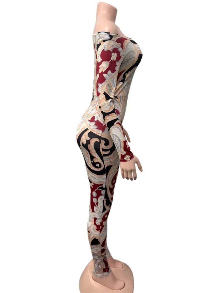 Weird Puss Slash Neck Jumpsuit Women Hipster Colorful Print Full Sleeve Stretch Skinny Fitness Activity Workout Slim Streetwear - SN Wigs & More