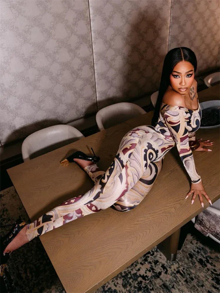 Weird Puss Slash Neck Jumpsuit Women Hipster Colorful Print Full Sleeve Stretch Skinny Fitness Activity Workout Slim Streetwear - SN Wigs & More