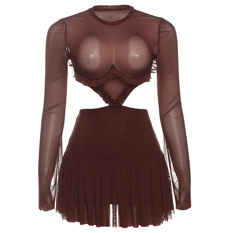 Weird Puss Waistless Pleated Hem Dress Women See Through Sexy Midnight Full Sleeve Coquette Clubwear Party Rave Mini Bodycon - SN Wigs & More