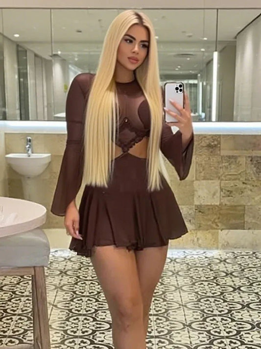 Weird Puss Waistless Pleated Hem Dress Women See Through Sexy Midnight Full Sleeve Coquette Clubwear Party Rave Mini Bodycon - SN Wigs & More