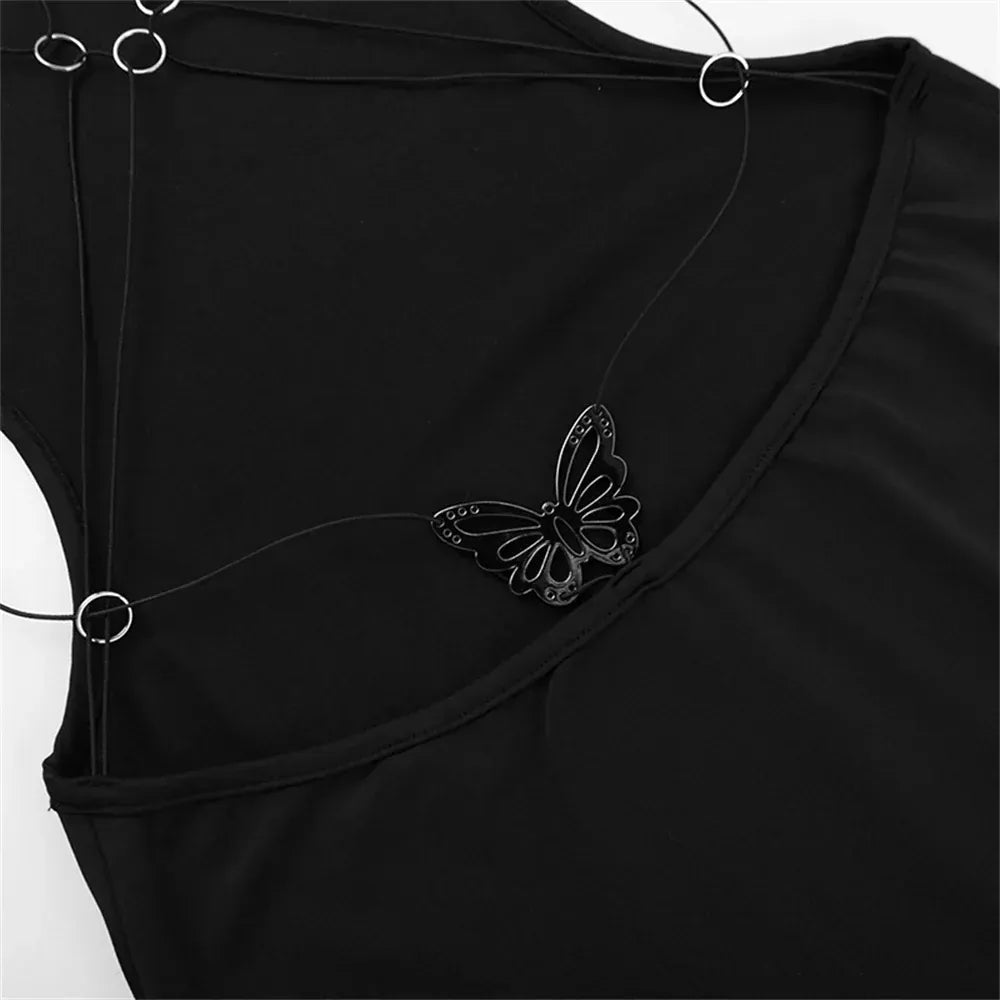 Weird Puss Y2K Butterfly Metal Dress Women Hollow Backless Sleeveless Fitness Cross Bandage Midnight Club Summer Vacation Bodyco