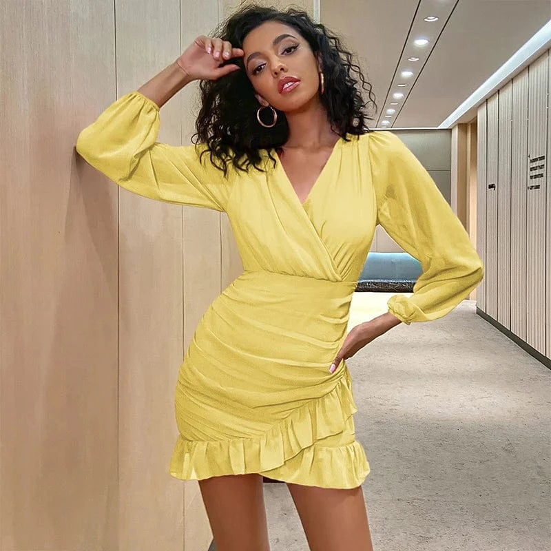 Weixin Stock Double Crazy Women Surplice Neck Ruched Wrap Ruffle Hem Pink Casual Sexy Dress