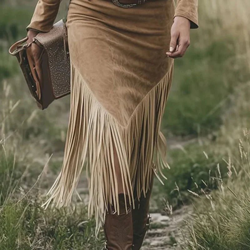 Western Retro Solid Suede Spliced Tassel Dress Woman Sexy Hollow Zipper Lapel Party Dress Autumn Long Sleeve Slim Bodycon Dress - SN Wigs & More