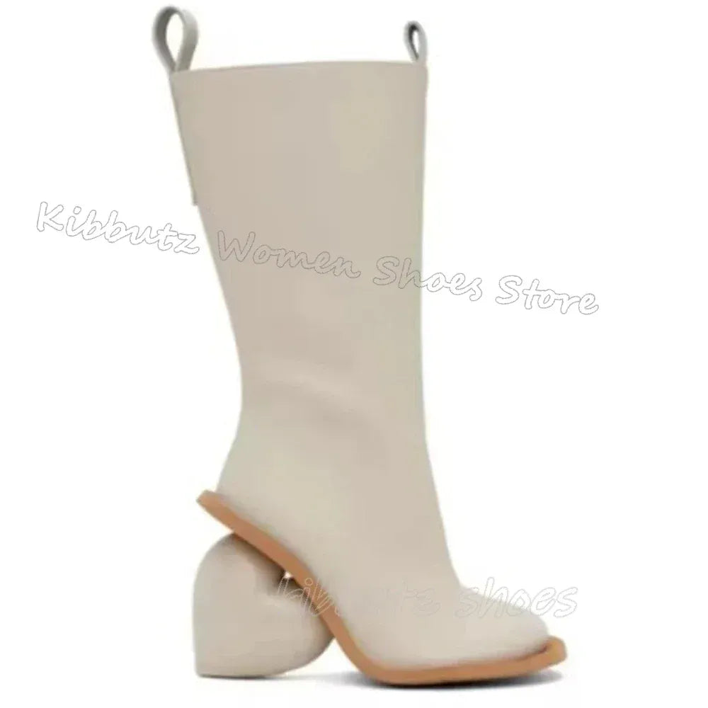 white / 42 Knee High Boots Heart Shape Heels Luxury Leather Novelty Sexy Luxury Elegant Slip-On Women Shoes Newest Square Toe Solid Color