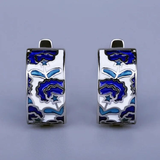 WHITE 925 Silver Classic Creative Handmade Blue Enamel Earrings For Ladies Flower Shape Earrings Fashion Party Jewelry Women Earrings