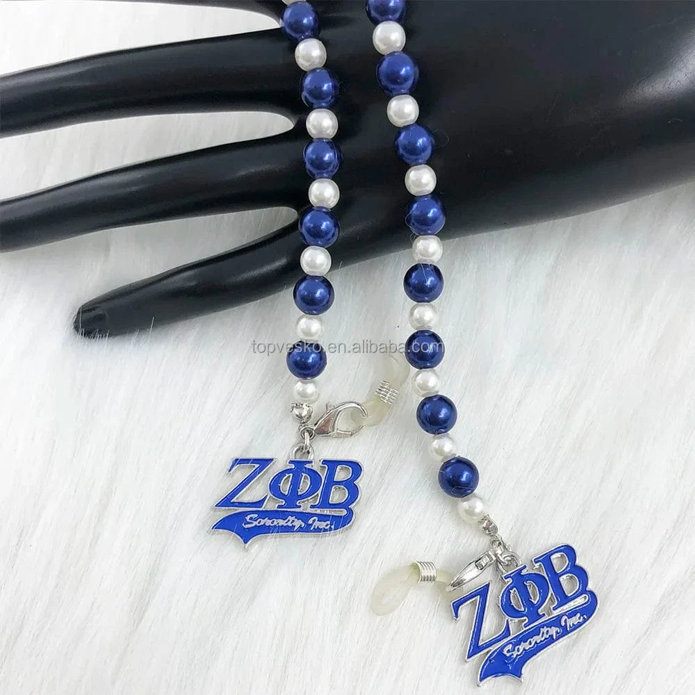 White Blue Handmade Greek Sorority Zeta Phi Beta White Blue Pearl Letter Charms Sunglass Eyeglasses Reading Glasses Chain Cord Holder