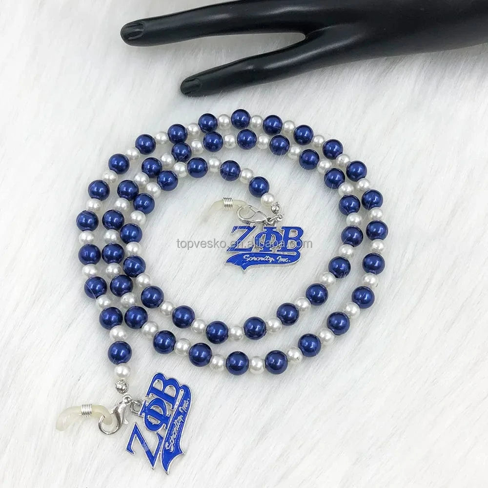 White Blue Handmade Greek Sorority Zeta Phi Beta White Blue Pearl Letter Charms Sunglass Eyeglasses Reading Glasses Chain Cord Holder