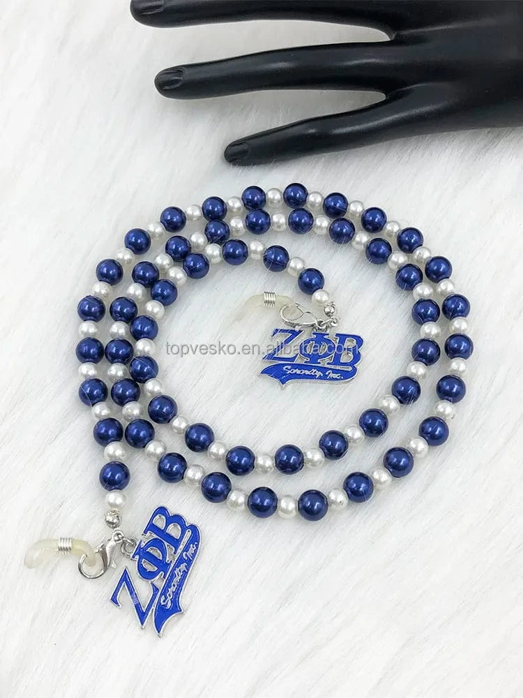 White Blue Handmade Greek Sorority Zeta Phi Beta White Blue Pearl Letter Charms Sunglass Eyeglasses Reading Glasses Chain Cord Holder