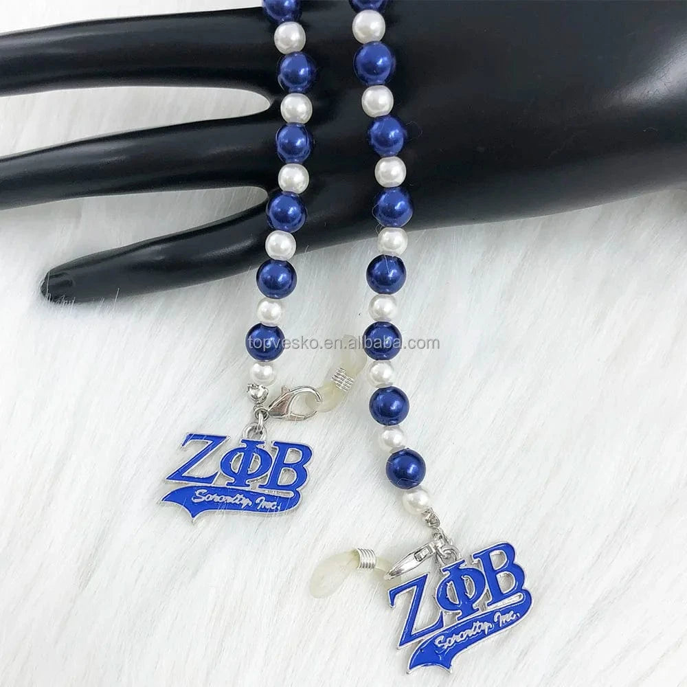 White Blue Handmade Greek Sorority Zeta Phi Beta White Blue Pearl Letter Charms Sunglass Eyeglasses Reading Glasses Chain Cord Holder