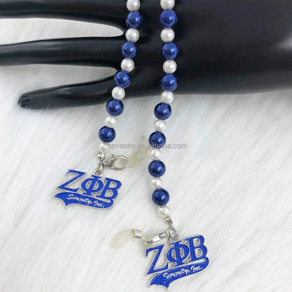 White Blue Handmade Greek Sorority Zeta Phi Beta White Blue Pearl Letter Charms Sunglass Eyeglasses Reading Glasses Chain Cord Holder