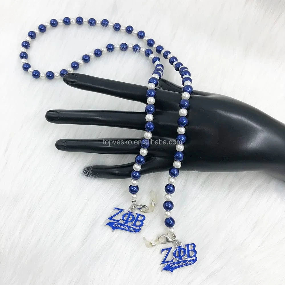 White Blue Handmade Greek Sorority Zeta Phi Beta White Blue Pearl Letter Charms Sunglass Eyeglasses Reading Glasses Chain Cord Holder