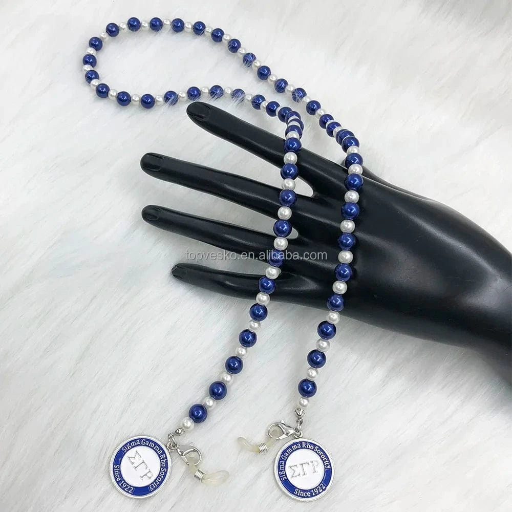 White Blue Handmade Greek White Blue Pearl Sorority Rotundity Charms Long Style Eyeglasses Chain Cord Holder Gift