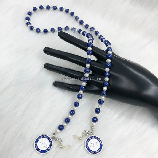 White Blue Handmade Greek White Blue Pearl Sorority Rotundity Charms Long Style Eyeglasses Chain Cord Holder Gift