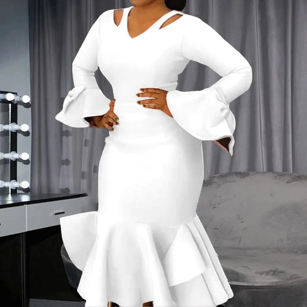 White Dress / XXXL Luxury Dresses for Women V Neck Flare Sleeve Sheath White Blue High Quality Female Birthday Party Dinner Wear Mermaid Dress Robe
