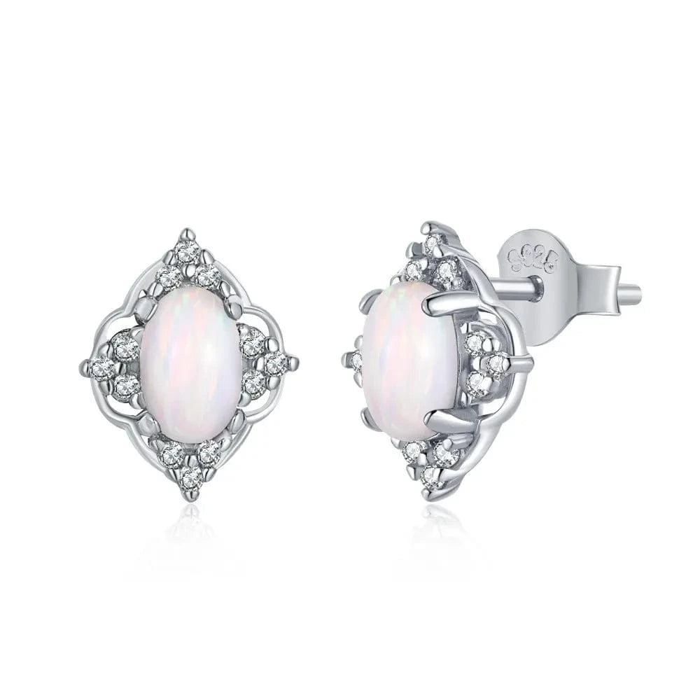 White Exquisite Opal Stud Earrings Hypoallergenic 925 Sterling Silver Post Stud Earrings for Women Teens Girls Jewelry Gift