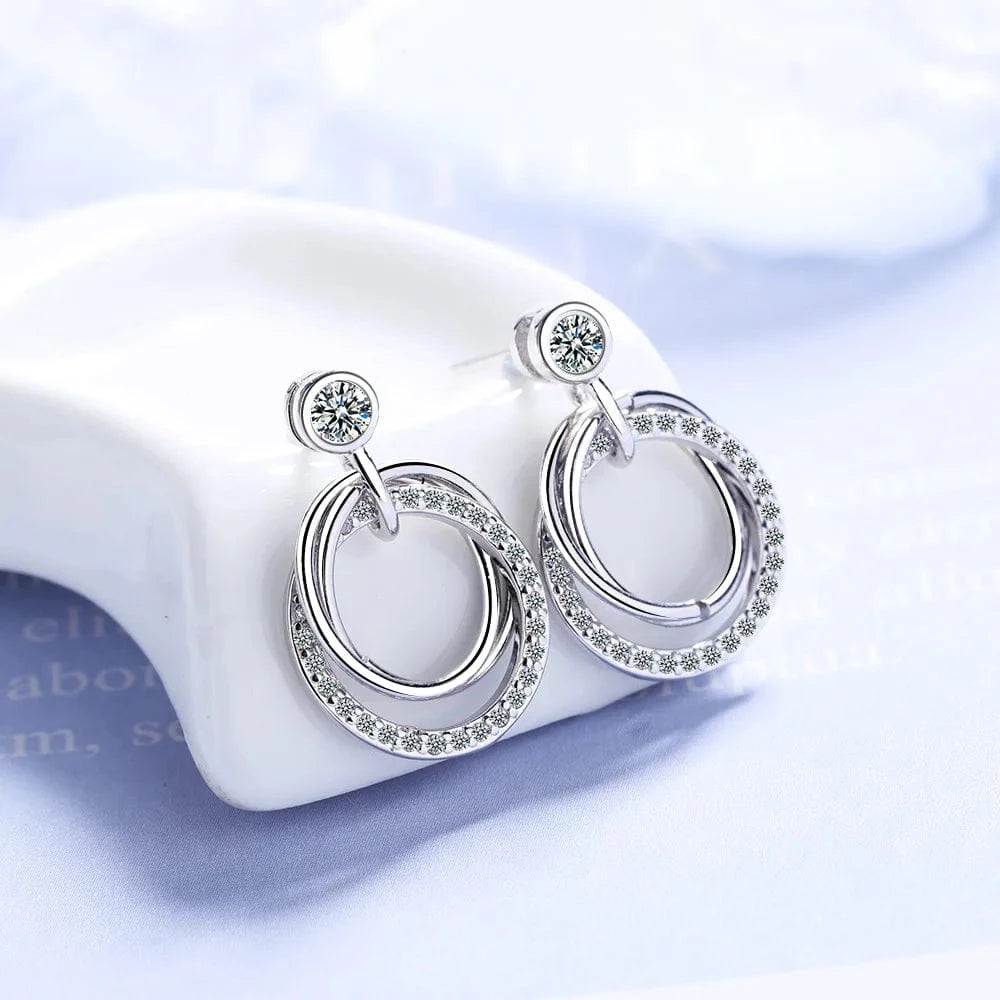 White gold color Fashion Exquisite Double Circles Zircon Dangle Earrings Elegant Charm Crystal Earrings for Women Jewelry