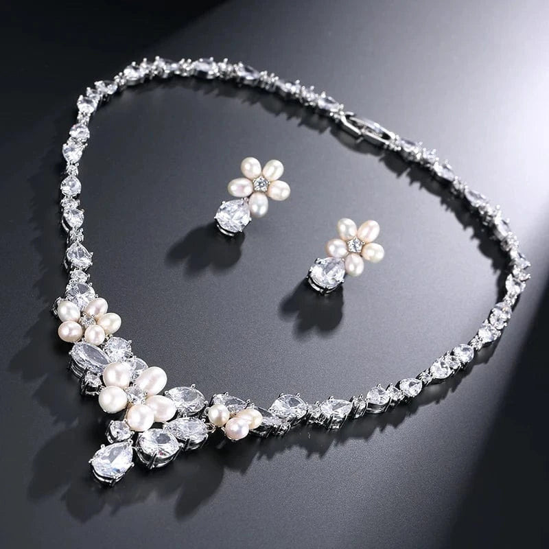 white gold plating RAKOL SP047 Silver color zircone with pearl wedding bridal earrings necklace jewelry set