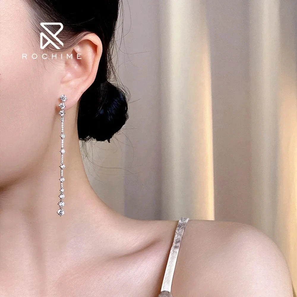 White gold Rochime linear long earrings  925 sterling silver gold plated 5a zircon jewelry for women