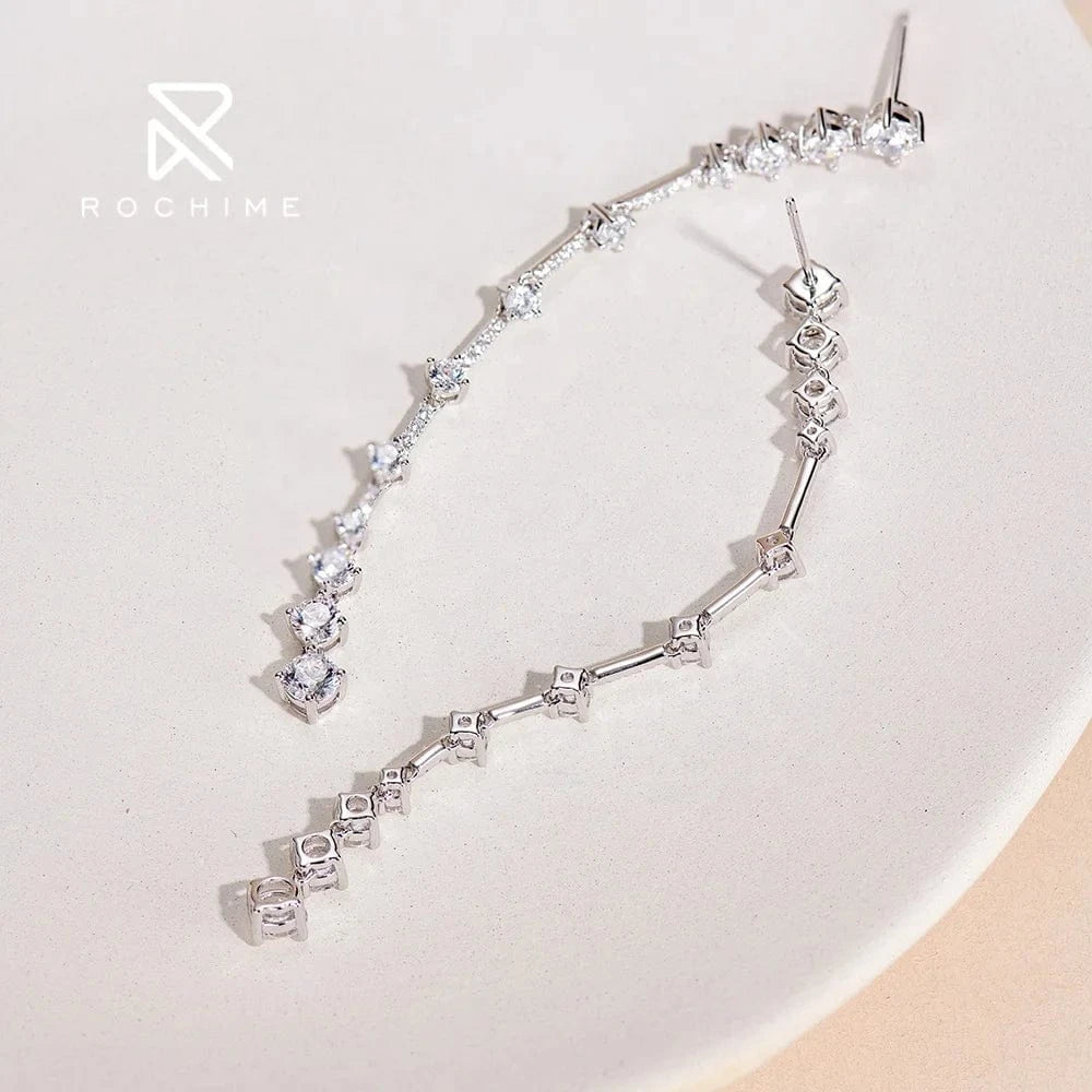 White gold Rochime linear long earrings  925 sterling silver gold plated 5a zircon jewelry for women