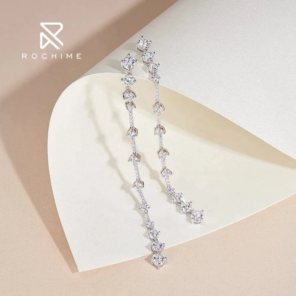 White gold Rochime linear long earrings  925 sterling silver gold plated 5a zircon jewelry for women