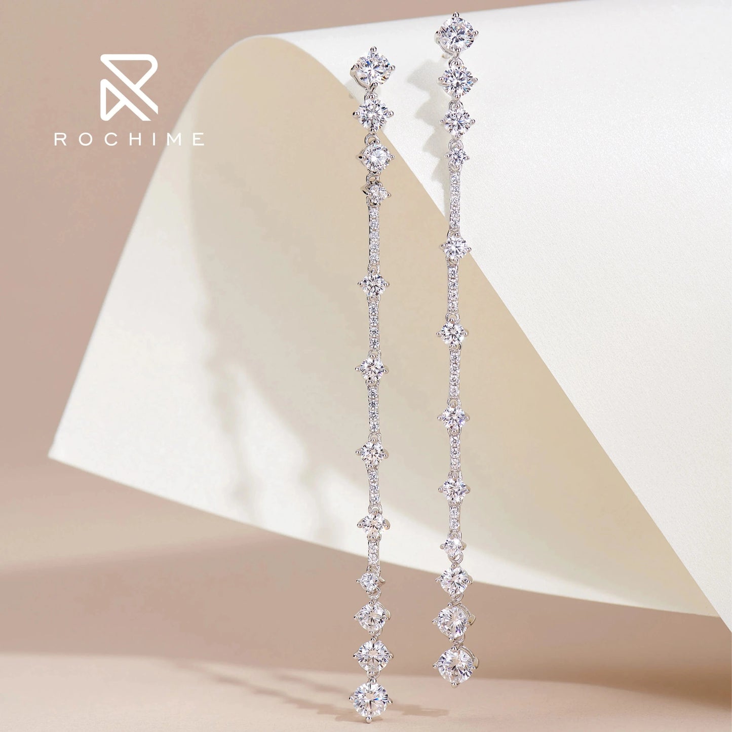White gold Rochime linear long earrings  925 sterling silver gold plated 5a zircon jewelry for women