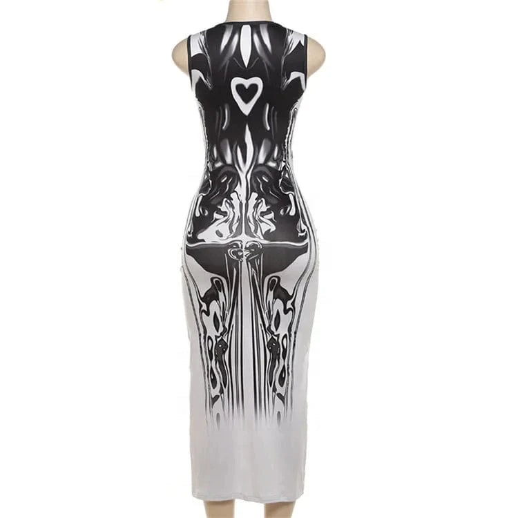 White Graphic Print Long Dress Club Outfit For Women 2024 O Neck Sleeveless Bodycon Maxi Dress