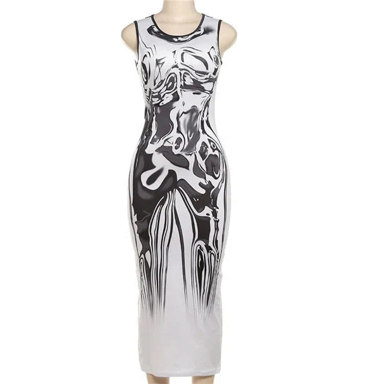 White Graphic Print Long Dress Club Outfit For Women 2024 O Neck Sleeveless Bodycon Maxi Dress