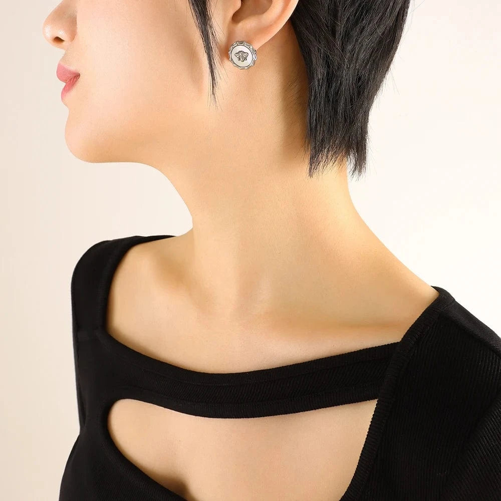 White Haibei Little Bee Print Pendant Double Layer Necklace Women's Earrings Jewelry Set