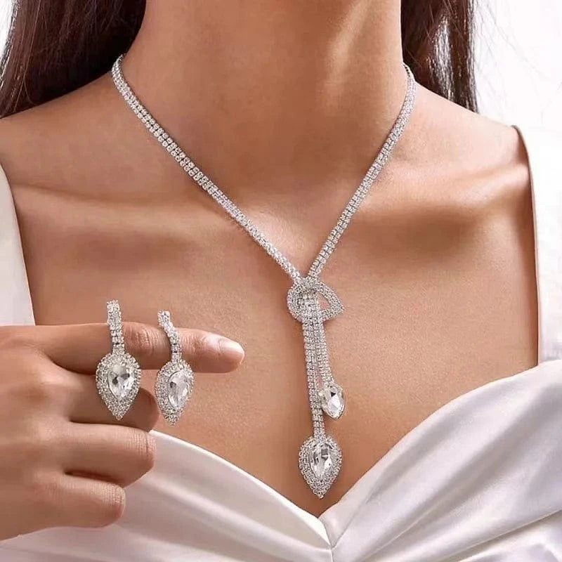 White Hoyon High quality Women Fashion Crystal Bridal Set Jewelry Bridal Wedding Jewelry Sets  rhinestone necklace earrings set women