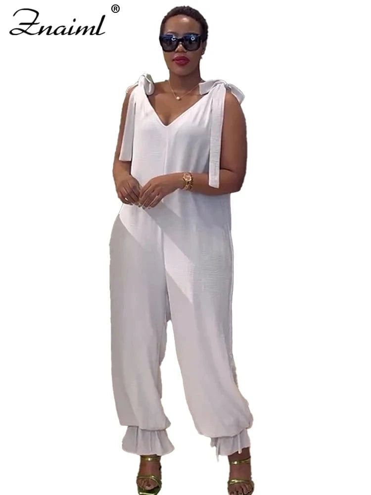 white jumpsuits / XL Znaiml Casual Lace-up Bandage Jumpsuit Green Loose Wide Leg Jogger Pants Women V-Neck Sleeveless New In One Pieces Rompers 2025