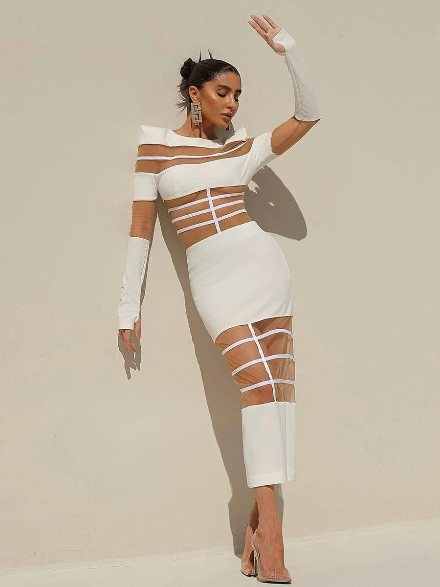 White / L / CHINA Women's 2025 Sexy Long Sleeve Mesh Ankle-Length Dress Celebrity Sheer Elegant Cut Out Details for Party Evening Club Vestido