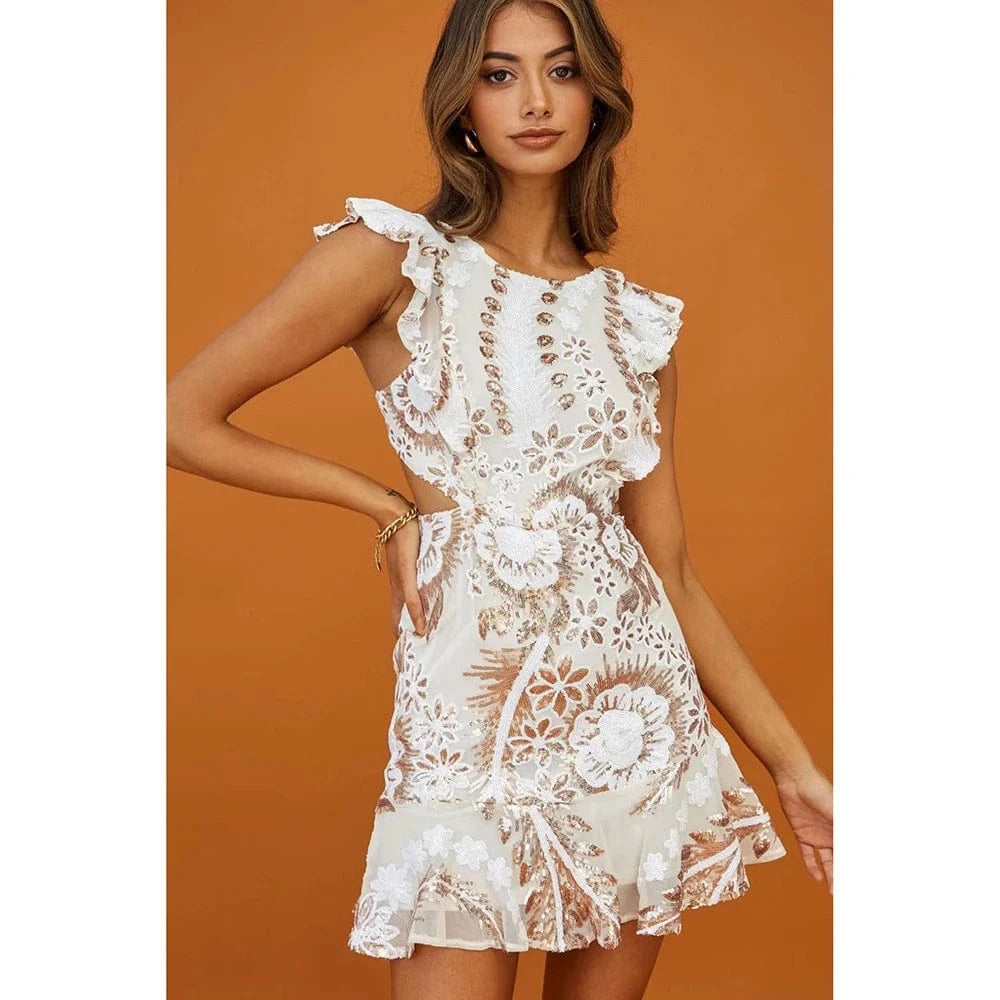 White / L / CHINA Women's New Round Neck Sleeveless Ruffle Sexy Halter Hollow Out Mini Dress Niche Sequins Beaded Luxury Evening Party Dress