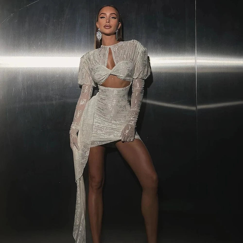 White / L / CHINA Women's Sexy Lace Spice Girl Dress Haute Sense Hollow Out Irregular Pure Desire Dress Luxury Temperament Evening Party Dress