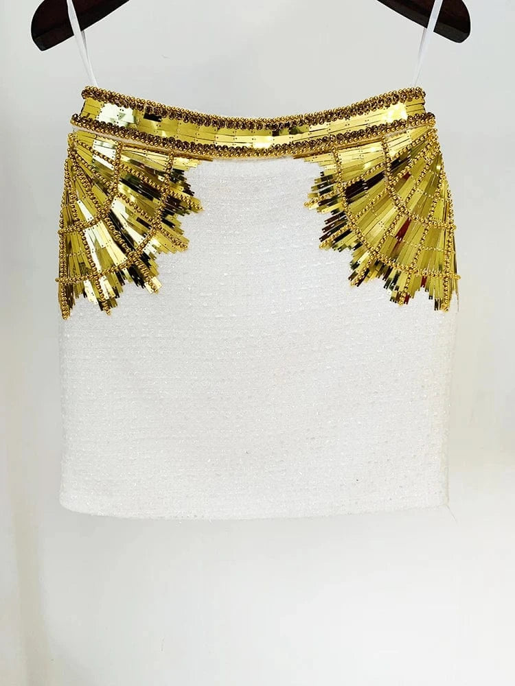 WHITE / L HIGH STREET Newest 2025 F/W Designer Skirts Women's Stunning Metallic Diamonds Strass Handwork Beaded Tweed Mini Skirt