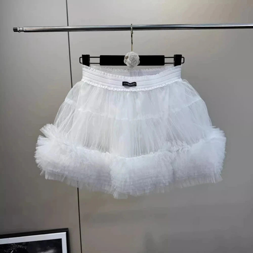 WHITE / L VGH Patchwork Tierred Mesh Ball Gown for Women High Waist Spliced Elastic Solid Sweet Fashion Style Mini Skirts Female Clothes